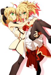 Rule 34 | 2girls, ahoge, artoria pendragon (all), artoria pendragon (fate), blonde hair, blush, bow, carrying, detached sleeves, fate/apocrypha, fate/grand order, fate/unlimited codes, fate (series), gloves, green eyes, hair bow, mordred (fate), mordred (fate/apocrypha), mother and daughter, multiple girls, oiun, pantyhose, parted lips, ponytail, princess carry, saber (fate), saber lily, scrunchie, simple background, sleeveless, strapless, tube top, white background