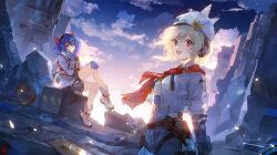 Rule 34 | 2girls, arm behind back, blonde hair, blue gloves, blue hair, boots, cloud, cloudy sky, colphne (girls&#039; frontline 2), finger to face, girls&#039; frontline, girls&#039; frontline 2: exilium, gloves, hand on own knee, hand on own leg, hat feather, headphones, medium hair, multiple girls, nagant revolver (girls&#039; frontline), open mouth, orange eyes, red eyes, red scarf, ruins, scarf, sitting, sky, smile, teeth, twintails, upper teeth only, white footwear, white headwear, xuedaixun
