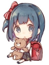 Rule 34 | 1girl, backpack, bag, black skirt, blue eyes, blue hair, blush, bow, chibi, hair bow, highres, holding, holding stuffed toy, looking at viewer, open mouth, original, red bow, sencha (senta 10), short hair, side ponytail, skirt, stuffed animal, stuffed toy, teddy bear, thighhighs, triangle mouth, white thighhighs
