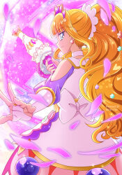 Rule 34 | 1girl, 2023, back bow, blonde hair, blue eyes, bow, bridal gauntlets, choker, closed mouth, clothing cutout, cure finale, dated, delicious party precure, diadem, dress, earrings, from behind, hanzou, highres, holding, jewelry, long hair, ponytail, precure, profile, shoulder cutout, smile, solo, twitter username, very long hair, white bow, white choker, white dress