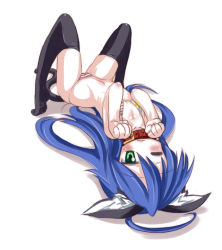 Rule 34 | 00s, 1girl, :3, ahoge, animal ears, bikini, black thighhighs, blue hair, blush, cat ears, cat tail, collar, collarbone, flat chest, gorakujin, green eyes, izumi konata, long hair, looking at viewer, lucky star, lying, mole, navel, on back, one eye closed, paw pose, solo, spread legs, striped bikini, striped clothes, swimsuit, tail, thighhighs, wink