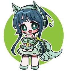 :3 animal_ear_headphones animal_ears blue_hair blush_stickers bracelet bright_pupils cat_ear_headphones chibi chibi_only collarbone dress fake_animal_ears fang frilled_dress frills green_dress green_eyes green_footwear headphones jewelry leaf_bracelet open_mouth outline prima short_hair_with_long_locks short_sleeves solo thighhighs togase_ameko vocaloid white_outline white_pupils white_thighhighs