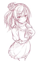 Rule 34 | 1girl, blush, breasts, closed mouth, collarbone, cowboy shot, dress, frilled dress, frills, hair bun, hand on own chest, large breasts, light smile, long hair, looking at viewer, monochrome, original, ryuusei (ryuuseiseikou), short sleeves, simple background, single hair bun, sketch, smile, solo, wavy hair, yagi (ningen)