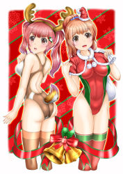 Rule 34 | 2girls, adapted costume, antlers, ass, bell, brown eyes, brown hair, christmas, competition swimsuit, deer tail, female focus, hairband, hat, highres, horns, long hair, mashinatsu, mini hat, multiple girls, one-piece swimsuit, open mouth, original, ponytail, red hair, reiji-sss, reindeer antlers, ribbon, santa hat, shawl, swimsuit, tail, thighhighs, twintails