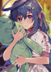 Rule 34 | 1girl, absurdres, black hair, blush, bow, closed mouth, hair bow, hair ornament, hairclip, halo, highres, holding, holding stuffed toy, long hair, looking at viewer, original, pajamas, purple bow, purple eyes, short sleeves, solo, stuffed animal, stuffed toy, yumesaki nana