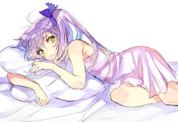 Rule 34 | 1girl, antenna hair, bare shoulders, bed, dress, hair ornament, hugging object, long hair, looking at viewer, lying, original, pillow, pillow hug, purple hair, side ponytail, simple background, solo, white background, yellow eyes, yukiya