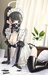Rule 34 | 1girl, 28 (282teeth), absurdres, all fours, alternate costume, apron, black eyes, black gloves, black hair, black thighhighs, blue archive, blunt bangs, blush, breasts, cleavage, commentary, elbow gloves, enmaided, frilled apron, frills, gloves, halo, highres, large breasts, latex, latex gloves, latex thighhighs, long hair, looking at viewer, maid, maid apron, maid headdress, mask, mouth mask, photo (object), pillow, plant, ponytail, potted plant, side ponytail, skirt, solo, sukeban (smg) (blue archive), sweatdrop, thighhighs