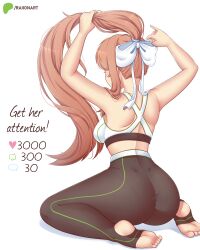 Rule 34 | 1girl, absurdres, arms up, artist name, ass, bare arms, bare shoulders, black leggings, bow, breasts, commentary, crop top, dimples of venus, doki doki literature club, english commentary, english text, feet, from behind, full body, hair bow, highres, holding, holding own hair, large breasts, leggings, like and retweet, monika (doki doki literature club), patreon logo, ponytail, raion (raionart), shoulder blades, simple background, sitting, soles, solo, stirrup legwear, toeless legwear, toes, tying hair, white background, white bow