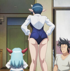 Rule 34 | 1boy, 3girls, absurdres, anime screenshot, ass, black hair, blue hair, blue one-piece swimsuit, blue sailor collar, collarbone, demon girl, demon horns, eating, glasses, hand on own hip, hands on own hips, highres, horns, huge ass, long hair, long sleeves, lv1 maou to one room yuusha, maou (lv1 maou to one room yuusha), max (lv1 maou to one room yuusha), multiple girls, one-piece swimsuit, pointy ears, sailor collar, screencap, seiza, shirt, shirt under swimsuit, short hair, sitting, stitched, swimsuit, thighs, third-party edit, white shirt, zenia (lv1 maou to one room yuusha)