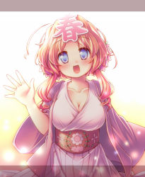 Rule 34 | 1girl, blonde hair, blue eyes, blush, breasts, cleavage, collarbone, drill hair, flower, hair flower, hair ornament, happy, haru-chan, japanese clothes, kibushi, kimono, large breasts, long hair, nhk (broadcaster), open mouth, simple background, solo, twin drills, twintails, waving, wavy hair