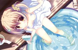 Rule 34 | 1girl, ahoge, barefoot, blush, breasts, downblouse, dutch angle, feet, female focus, food, from above, hair ornament, holding, light brown hair, light smile, looking at viewer, looking up, nanao naru, one side up, popsicle, short hair, side ponytail, sitting, small breasts, smile, soaking feet, solo, toes, water