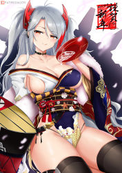 Rule 34 | 1girl, alcohol, azur lane, bare shoulders, black panties, black thighhighs, blush, breasts, choker, cleavage, closed mouth, collarbone, cross, cross choker, cup, cyicheng, grey hair, hair ornament, japanese clothes, kimono, large breasts, licking lips, long hair, long sleeves, looking at viewer, mole, mole on breast, multicolored clothes, multicolored hair, multicolored kimono, obi, orange eyes, panties, pouring, prinz eugen (azur lane), prinz eugen (profusion of flowers) (azur lane), rigging, sakazuki, sake, sash, sideboob, simple background, smile, solo, streaked hair, swept bangs, thighhighs, thighs, tongue, tongue out, two side up, underwear, white background, wide sleeves