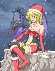 Rule 34 | 1girl, antlers, arm support, bare shoulders, black thighhighs, blonde hair, blush, boots, breasts, christmas, cleavage, cold, collarbone, crossed legs, detached sleeves, dragon, duel, duel monster, hair between eyes, hat, highres, horns, knee boots, lady of d, legs, looking at viewer, midriff, navel, night, open mouth, outdoors, ozaneko, red-eyes black dragon, red-eyes wyvern, red eyes, red eyes black dragon, rock, santa hat, short hair, sitting, small breasts, snow, sweatdrop, thighhighs, trembling, yu-gi-oh!, yu-gi-oh! duel monsters, zettai ryouiki