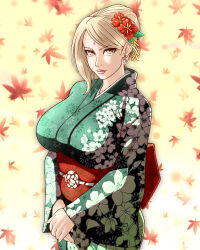 Rule 34 | 1girl, absurdres, blonde hair, breasts, female focus, festival, highres, japanese clothes, kimono, lace, large breasts, looking at viewer, naruto (series), orange eyes, solo, tsunade (naruto), yukata