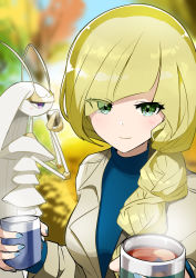Rule 34 | 1girl, absurdres, akanboh, alternate costume, alternate hairstyle, blonde hair, blush, braid, closed mouth, commentary request, creatures (company), cup, day, eyelashes, eyes visible through hair, game freak, gen 7 pokemon, green eyes, hair over shoulder, highres, holding, holding cup, jacket, liquid, long hair, long sleeves, lusamine (pokemon), nail polish, nintendo, outdoors, pheromosa, pokemon, pokemon (creature), pokemon sm, single braid, smile, steam, ultra beast