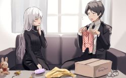Rule 34 | 1boy, 1girl, angelica (project moon), black hair, black jacket, black necktie, black pants, black sweater, blush, box, breasts, cardboard box, couch, curtains, flying sweatdrops, hetero, highres, holding, jacket, jewelry, library of ruina, long hair, medium breasts, migishita, necklace, necktie, open clothes, open jacket, pants, project moon, rattle, ribbed sweater, roland (project moon), sitting, stuffed animal, stuffed rabbit, stuffed toy, sweat, sweater, very long hair, white hair, window