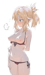 Rule 34 | ..., 1girl, arm behind back, backlighting, bad id, bad pixiv id, bikini, bikini pull, blonde hair, blush, breasts, breasts out, clothes pull, cowboy shot, embarrassed, fate/grand order, fate (series), flying sweatdrops, front-tie bikini top, front-tie top, green eyes, hair between eyes, halterneck, highres, kylin, looking away, medium breasts, mordred (fate), mordred (swimsuit rider) (first ascension) (fate), navel, nipples, ponytail, red bikini, side-tie bikini bottom, sidelocks, simple background, sketch, solo, spoken ellipsis, string bikini, sweat, swimsuit, white background