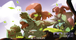 Rule 34 | blurry, bright pupils, bulbasaur, chinese commentary, chinese text, claws, cloud, commentary request, creatures (company), day, evolutionary line, eyelashes, closed eyes, falling leaves, game freak, gen 1 pokemon, highres, ivysaur, leaf, nintendo, no humans, open mouth, outdoors, pokemon, pokemon (creature), red eyes, sharp teeth, sky, smile, sparkle, standing, teeth, tongue, venusaur, white pupils, xiaolumiaoliya