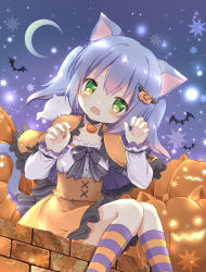Rule 34 | 1girl, animal ears, black bow, blue hair, blush, bow, capelet, cat ears, cat girl, cat tail, claw pose, collarbone, commentary request, crescent moon, fang, feet out of frame, frilled capelet, frills, ghost, green eyes, hair between eyes, hair ornament, halloween, hands up, highres, jack-o&#039;-lantern, jack-o&#039;-lantern hair ornament, kemonomimi mode, kneehighs, knees together feet apart, long sleeves, looking at viewer, moon, nanase miori, open mouth, orange capelet, orange skirt, original, shirt, sitting, skirt, sleeves past wrists, socks, solo, striped bow, striped clothes, striped socks, tail, twintails, wavy mouth, white shirt