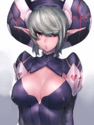 Rule 34 | 1girl, blue eyes, breasts, candy crown, cleavage, cleavage cutout, clothing cutout, covered erect nipples, elf, fumio (rsqkr), gradient background, grey hair, hair over one eye, hat, heart, lace, large breasts, long pointy ears, long sleeves, looking at viewer, melfonseana, parted lips, phantasy star, phantasy star online 2, pointy ears, puckered lips, puffy sleeves, short hair, sketch, solo, swept bangs, turtleneck, upper body