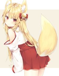 Rule 34 | 1girl, animal ear fluff, animal ears, bell, blonde hair, blush, bow, brown background, closed mouth, clothing cutout, commentary request, fox ears, fox girl, fox tail, hair bell, hair between eyes, hair bow, hair ornament, highres, jingle bell, komomo (ptkrx), long hair, long sleeves, looking at viewer, looking to the side, original, pleated skirt, red bow, red eyes, red skirt, shoulder cutout, skirt, sleeves past wrists, smile, solo, tail, two-tone background, very long hair, white background