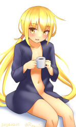 Rule 34 | 1girl, black shirt, blonde hair, commentary request, cup, feet out of frame, kantai collection, long hair, looking at viewer, low twintails, mug, navel, no panties, one-hour drawing challenge, open clothes, open shirt, ray.s, satsuki (kancolle), shirt, simple background, sitting, smile, solo, twintails, white background, yellow eyes