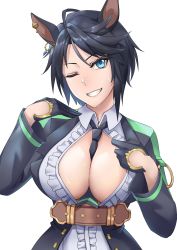 Rule 34 | 1girl, ahoge, animal ears, between breasts, black gloves, black hair, black necktie, blue eyes, breasts, center frills, center opening, cleavage, collared shirt, commentary, ear ornament, ear piercing, frilled shirt, frills, fuji kiseki (umamusume), gloves, gold trim, grey hair, grin, hair between eyes, hands up, highres, horse ears, horse girl, jacket, large breasts, long sleeves, looking at viewer, multicolored hair, necktie, necktie between breasts, one eye closed, open clothes, open jacket, piercing, sakuya (liao kj), shirt, shirt tug, short hair, sidelocks, simple background, smile, solo, standing, sweat, teeth, umamusume, underbust, upper body, white background, white shirt