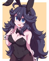 Rule 34 | 1girl, :d, ahoge, alternate breast size, animal ears, arm behind back, bare arms, bare shoulders, black bow, black bowtie, black hair, black hairband, black leotard, blue eyes, blush, border, bow, bowtie, breasts, brown pantyhose, cleavage, collarbone, covered navel, cowboy shot, creatures (company), detached collar, fake animal ears, fishnet pantyhose, fishnets, game freak, hair between eyes, hairband, hand on own chest, hand up, hex maniac (pokemon), highres, large breasts, leotard, long hair, looking at viewer, messy hair, nintendo, nose blush, open mouth, orange background, outside border, pantyhose, playboy bunny, pokemon, pokemon xy, rabbit ears, ringed eyes, sidelocks, simple background, smile, solo, standing, sweat, very long hair, white border, wrist cuffs, yokoyoko (nazonazo)