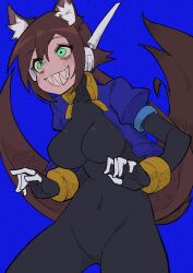 Rule 34 | 1girl, absurdres, aile (mega man zx), animal ear fluff, animal ears, black bodysuit, blue background, blue jacket, blush, bodysuit, bodysuit under clothes, breasts, brown hair, brown tail, buzzlyears, commentary, covered collarbone, covered navel, cropped jacket, dog ears, dog girl, dog tail, faux traditional media, glowing, green eyes, highres, jacket, large breasts, long hair, looking at viewer, mega man (series), mega man zx, mega man zx advent, no pants, open clothes, open jacket, ponytail, robot ears, sharp teeth, simple background, smile, smirk, solo, tail, teeth