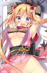 Rule 34 | 1girl, areola slip, arms up, black bow, blonde hair, blush, bound, bound wrists, bow, breasts, commentary request, fang, fishnets, flower, groin, hair flower, hair ornament, haruka-chan (pan (mimi)), japanese clothes, kimono, long hair, medium breasts, obi, open mouth, original, out-of-frame censoring, pan (mimi), pink kimono, red flower, red scarf, sash, scarf, shuriken, solo, twintails, very long hair, wavy mouth, weapon, white flower
