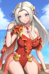 Rule 34 | 1girl, blue sky, bracelet, breasts, casual one-piece swimsuit, cleavage, closed mouth, cloud, commentary request, covered navel, day, edelgard von hresvelg, edelgard von hresvelg (summer), embarrassed, fire emblem, fire emblem: three houses, fire emblem heroes, frilled one-piece swimsuit, frills, gonzarez, hair ornament, hair ribbon, hand in own hair, highres, jewelry, long hair, medium breasts, necklace, nintendo, ocean, official alternate costume, official alternate hairstyle, one-piece swimsuit, outdoors, pearl necklace, pendant, plumeria, purple eyes, red one-piece swimsuit, ribbon, shy, sitting, sky, solo, sweatdrop, swimsuit, white hair
