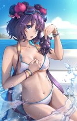 Rule 34 | 1girl, absurdres, bikini, blue eyes, bracelet, breasts, cleavage, cloud, collarbone, commentary request, fate/grand order, fate (series), goggles, goggles on head, hair tie, halterneck, highres, holding, jewelry, joeychen, katsushika hokusai (fate), katsushika hokusai (swimsuit saber) (fate), long hair, looking at viewer, medium breasts, navel, open mouth, outdoors, purple hair, sitting, sky, solo, splashing, string bikini, swimsuit, teeth, tongue, water, white bikini