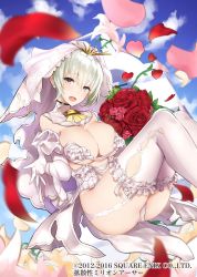 Rule 34 | 1girl, :d, blonde hair, blue sky, blurry, bouquet, breasts, bridal veil, cloud, cloudy sky, copyright name, day, depth of field, detached collar, dress, elbow gloves, field, flower, flower field, frilled thighhighs, frills, garter straps, gloves, grey eyes, half-closed eyes, headpiece, highres, large breasts, legs together, million arthur (series), open mouth, outdoors, outstretched hand, panties, petals, pink flower, pink rose, red flower, red rose, revealing clothes, rose, short hair, sitting, sky, smile, solo, thighhighs, thighs, underwear, veil, watermark, wedding dress, white gloves, white panties, white thighhighs, yaman (yamanta lov)
