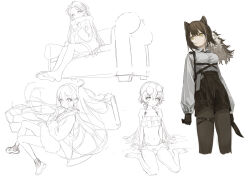 Rule 34 | 4girls, animal ears, animal hands, arknights, bikini, black gloves, black necktie, black pantyhose, black shorts, brown hair, character request, collared shirt, couch, cropped legs, eyewear on head, frilled bikini, frills, gloves, high-waist shorts, holding, holding knife, knife, long hair, multiple girls, necktie, pantyhose, pantyhose under shorts, partially colored, ponytail, raccoon ears, raccoon girl, robin (arknights), shirt, shorts, swimsuit, wasabi60, white shirt, yellow eyes
