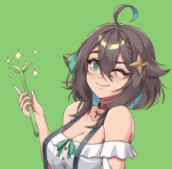 Rule 34 | 1girl, ahoge, bare shoulders, black choker, blouse, blue hair, bow, braid, breasts, brown hair, choker, cleavage, closed mouth, colored inner hair, frilled shirt, frills, green background, green bow, green eyes, green ribbon, hair between eyes, hair flaps, hair ornament, highres, holding, holding plant, indie virtual youtuber, light blush, looking at viewer, medium breasts, medium hair, meica (vtuber), multicolored hair, off-shoulder shirt, off shoulder, one eye closed, pendant choker, plant, ribbon, shirt, single braid, smile, sparkle, sprout, sprout-shaped pupils, sprout pendant, star (symbol), star hair ornament, strap, suspenders, symbol-shaped pupils, tavo, two-tone hair, upper body, virtual youtuber, white shirt