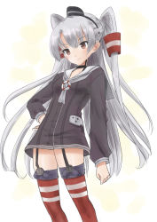 Rule 34 | 1girl, amatsukaze (kancolle), brown dress, brown eyes, commentary request, cowboy shot, dress, garter straps, grey hair, grey neckerchief, hair tubes, highres, kantai collection, kitagawa mikio, lifebuoy, lifebuoy ornament, long hair, looking at viewer, neckerchief, one-hour drawing challenge, red thighhighs, sailor collar, sailor dress, short dress, simple background, smokestack hair ornament, solo, standing, striped clothes, striped thighhighs, swim ring, thighhighs, two side up, white background, white sailor collar
