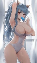 Rule 34 | 1girl, absurdres, animal ears, arm behind head, arm up, armpits, backlighting, bare arms, bare shoulders, blue hair, breasts, cat ears, cleavage, commission, contrapposto, covered navel, cowboy shot, curtains, food, food in mouth, hand up, highres, holding, impossible clothes, impossible swimsuit, large breasts, long hair, looking at viewer, mouth hold, one-piece swimsuit, original, ponytail, popsicle, popsicle in mouth, pucohiiiii, red eyes, sideless outfit, solo, standing, swimsuit, thighs, wet, white one-piece swimsuit