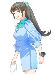 Rule 34 | 1girl, :d, animification, blue skirt, bow, brown hair, green bow, green eyes, hair bow, hayami sena, highres, holding, long hair, looking at viewer, mashin sentai kiramager, open mouth, ponytail, simple background, skirt, smile, solo, standing, super sentai, tetena18, watch, white background, wristwatch