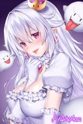 Rule 34 | 1girl, artist name, ayuteisyoku, blush, boo (mario), breasts, brooch, cleavage, collar, crown, dress, earrings, elbow gloves, fangs, frilled collar, frilled dress, frilled gloves, frills, gloves, hair between eyes, jewelry, large breasts, long hair, looking at viewer, luigi&#039;s mansion, mario (series), mini crown, nintendo, open mouth, pointy ears, princess king boo, puffy short sleeves, puffy sleeves, purple eyes, sharp teeth, short sleeves, smile, super crown, teeth, tongue, tongue out, white dress, white gloves, white hair