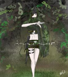 Rule 34 | absurdres, assault rifle, black hair, camouflage, camouflage jacket, eyepatch, forest, girls&#039; frontline, green shorts, gun, handgun, highres, jacket, looking at viewer, m16, m16a1, m16a1 (girls&#039; frontline), mole, mole under eye, multicolored hair, muscular, nature, rifle, scar, shorts, solo, weapon, zensensyoujyo