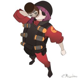 Rule 34 | 1girl, absurdres, alcohol, beanie, black footwear, black hat, bocchi the rock!, bomb suit, boots, braid, clenched hand, commentary, cosplay, demoman (tf2), demoman (tf2) (cosplay), drinking, drunk, english commentary, explosive, eyepatch, full body, grenade, hair over shoulder, hat, highres, hiroi kikuri, long hair, meiyoshima, pants, purple hair, red pants, red shirt, scrumpy, shirt, short sleeves, signature, simple background, single braid, solo, tactical clothes, team fortress 2, trait connection, white background