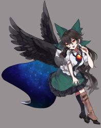 Rule 34 | 1girl, absurdres, asymmetrical legwear, black footwear, black legwear, black wings, bow, breasts, brown hair, cape, collared shirt, eyes visible through hair, feathered wings, frilled skirt, frills, gradient eyes, green skirt, grey background, hair between eyes, hair bow, highres, long hair, medium breasts, mikomo0106, mismatched legwear, multicolored eyes, open mouth, orange eyes, pointing, pointing up, red eyes, red pupils, reiuji utsuho, shaded face, shirt, short sleeves, sidelocks, simple background, skirt, smile, smug, solo, space, third eye, touhou, very long hair, white shirt, wings