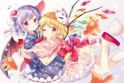 Rule 34 | 2girls, :o, ;), air bubble, alternate costume, bat wings, blonde hair, blue kimono, blurry, bow, bubble, candy apple, closed mouth, cotton candy, crystal, depth of field, fish, flandre scarlet, floral print, flower, food, fox mask, frills, from side, fruit, glomp, goldfish, hair flower, hair ornament, holding, holding food, hug, japanese clothes, kimono, kimono skirt, knee blush, long sleeves, looking at viewer, mask, mask on head, mimi (mimi puru), multiple girls, no headwear, no headwear, obi, one eye closed, one side up, open mouth, petticoat, pink kimono, platform footwear, pointy ears, purple hair, red bow, red eyes, remilia scarlet, sandals, sash, shaved ice, short hair, short kimono, siblings, sisters, smile, touhou, watermelon, white background, wide sleeves, wings