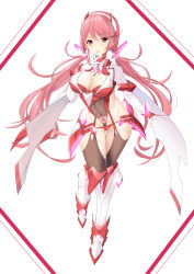 Rule 34 | 1girl, breasts, chest jewel, cleavage, cleavage cutout, clothing cutout, daive, hand to own mouth, highres, large breasts, long hair, pink hair, prototype design, pubic tattoo, pyra (xenoblade), pyra (xenoblade) (prototype), red eyes, revealing clothes, see-through, shrug (clothing), simple background, solo, tattoo, twintails, very long hair, xenoblade chronicles (series), xenoblade chronicles 2