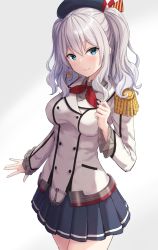 Rule 34 | 1girl, beret, black hat, black skirt, blue eyes, breasts, closed mouth, collared shirt, commentary request, dress shirt, epaulettes, gradient background, grey background, grey shirt, hair between eyes, hand up, hat, highres, jacket, kantai collection, kashima (kancolle), long sleeves, medium breasts, monoku, neckerchief, pleated skirt, red neckerchief, shirt, silver hair, skirt, smile, solo, two side up, white background, white jacket, wide sleeves