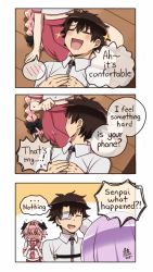 Rule 34 | &gt; &lt;, 1girl, 2boys, astolfo (fate), black hair, blush, braid, comic, embarrassed, english text, erection, eyepatch, closed eyes, fang, fate/apocrypha, fate/grand order, fate (series), fujimaru ritsuka (male), full-face blush, hair ribbon, highres, humor, lap pillow, maroonabyss, mash kyrielight, multicolored hair, multiple boys, open mouth, pink hair, purple hair, red sailor collar, red skirt, ribbon, sailor collar, short hair, single braid, sitting, skirt, smile, standing, streaked hair, sweat, trap