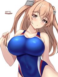 Rule 34 | 1girl, blue one-piece swimsuit, blush, breasts, brown eyes, competition swimsuit, covered navel, dated, hair between eyes, hair ornament, highres, johnston (kancolle), kantai collection, large breasts, light brown hair, long hair, looking at viewer, montemasa, one-piece swimsuit, smile, solo, swimsuit, twitter username, two-tone swimsuit, two side up, upper body, white background