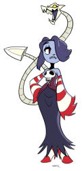Rule 34 | 1girl, blue skin, colored skin, detached collar, detached sleeves, dress, hair over one eye, high heels, leviathan (skullgirls), skull, skullgirls, solo, squigly (skullgirls), stitched mouth, stitches, striped legwear, striped sleeves, waffie, zombie