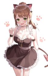 Rule 34 | 1girl, absurdres, animal ears, bare arms, bare shoulders, black dress, blush, breasts, brown hair, cat ears, cat girl, cat tail, cleavage, cowboy shot, dress, fang, highres, idolmaster, idolmaster cinderella girls, large breasts, long hair, maekawa miku, maid, maid headdress, paw print, ponytail, short dress, simple background, solo, tail, tanchobee, white background