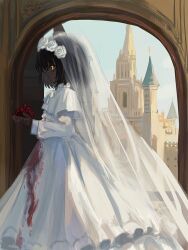 Rule 34 | 1girl, absurdres, akai ringo (eveyuno), arch, black skin, building, capelet, colored skin, dress, female focus, flower, from side, glowing, glowing eyes, heart (organ), highres, holding heart (organ), original, profile, rose, solo, wedding dress, white capelet, white dress, white flower, white rose, yellow eyes